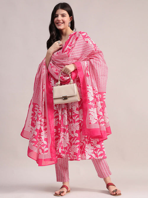 Aavyora Women's Pink Floral Cotton Kurta with Lace Detailing, with Trouser & Dupatta