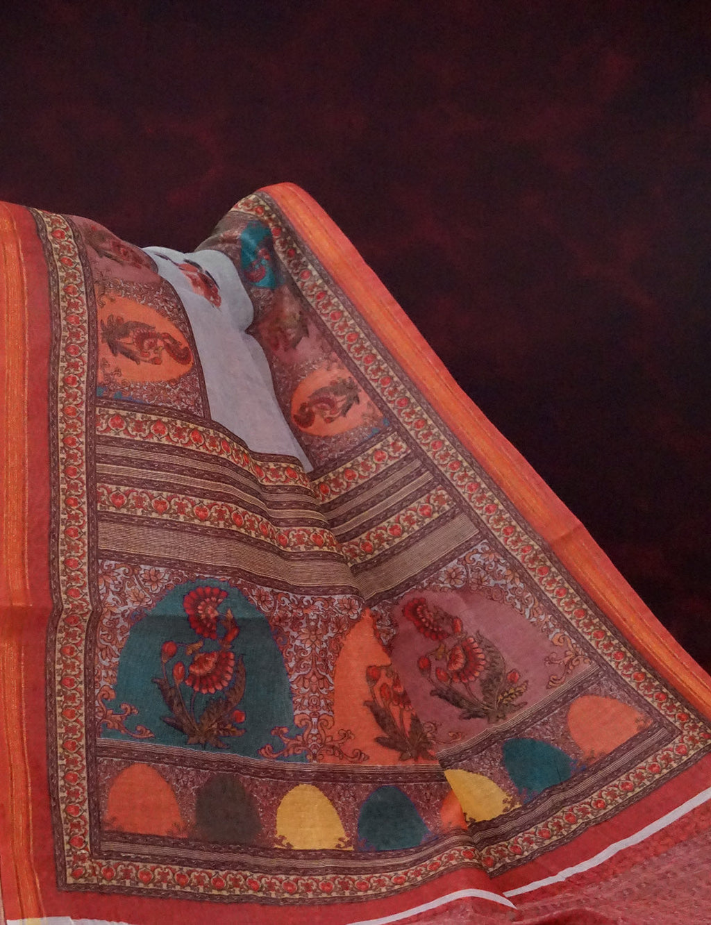 Mix of Grey and Orange Floral Print Semi Chanderi Saree By Gayathri Reddy Designer Studio