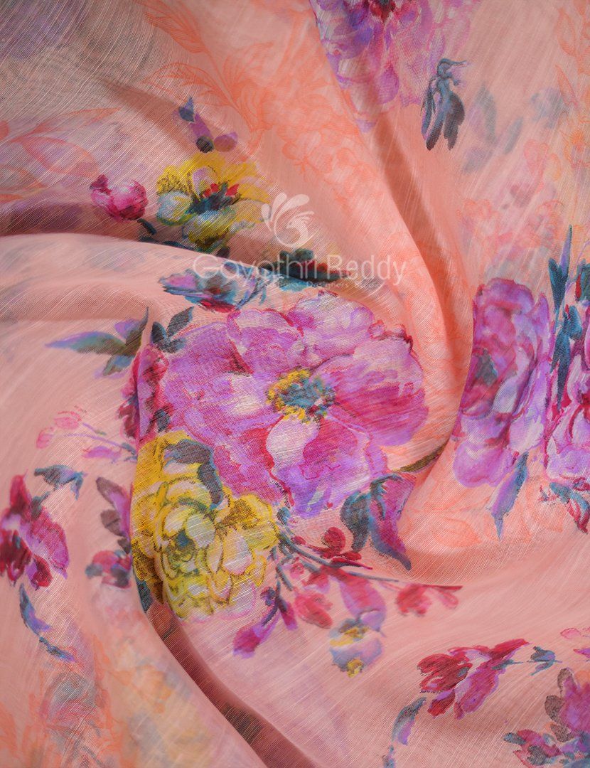 Shades of Light Peach With Floral Print Semi Chanderi Saree By Gayathri Reddy Designer Studio