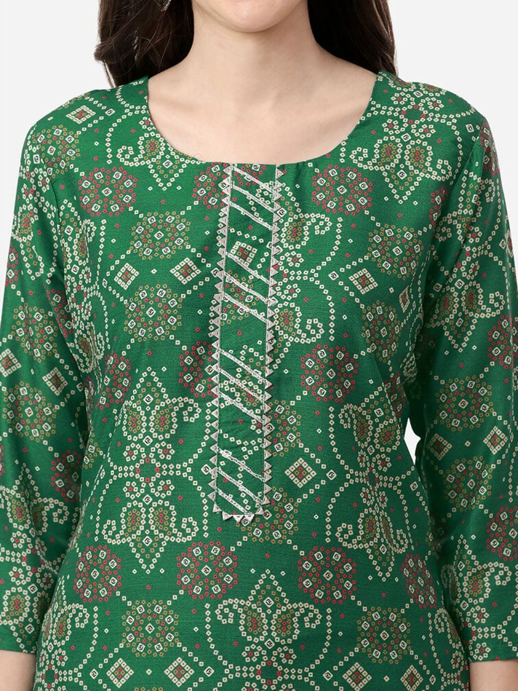 HERE&NOW Women Green Bandhani Printed Gotta Patti Pure Silk Kurta with Trousers
