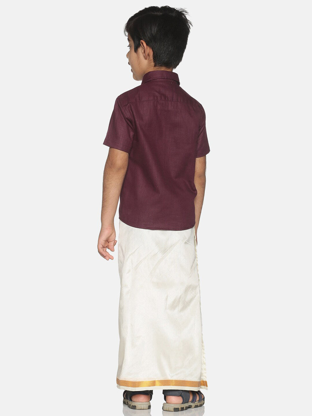 Sethukrishna Boys Maroon & White Solid Shirt with Veshti Set