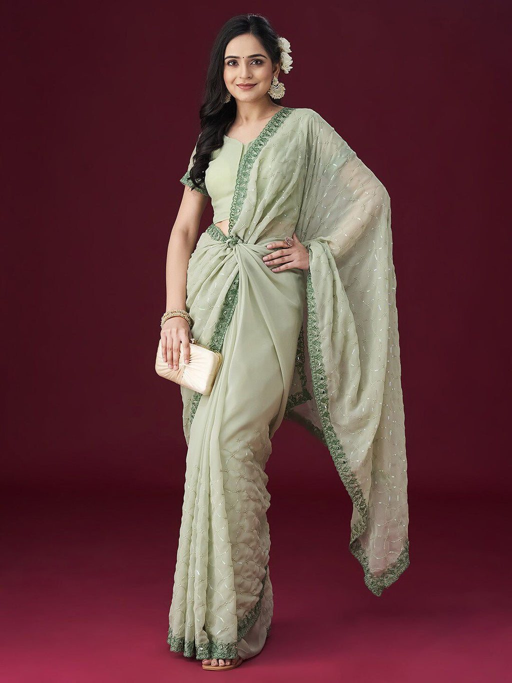 kasee Floral Embroidered Embellished Mirror Work Saree
