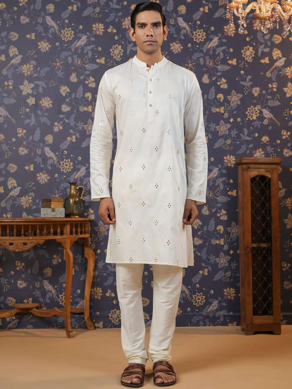 House of Pataudi Embroidered Mirror Work Straight Kurta With Pyjama