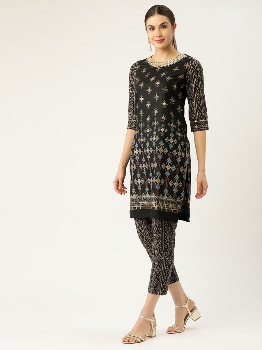 All About You Women Black & Golden Printed Sequinned Kurta with Trousers