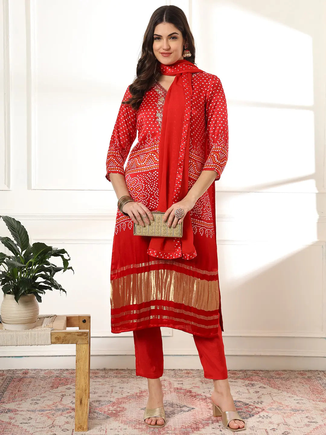 Yufta Red Gajji Silk Zari_Work Kurta Dupatta Pant Set