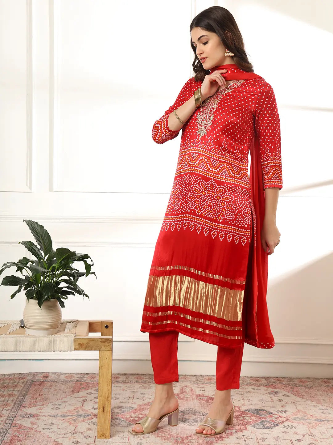 Yufta Red Gajji Silk Zari_Work Kurta Dupatta Pant Set