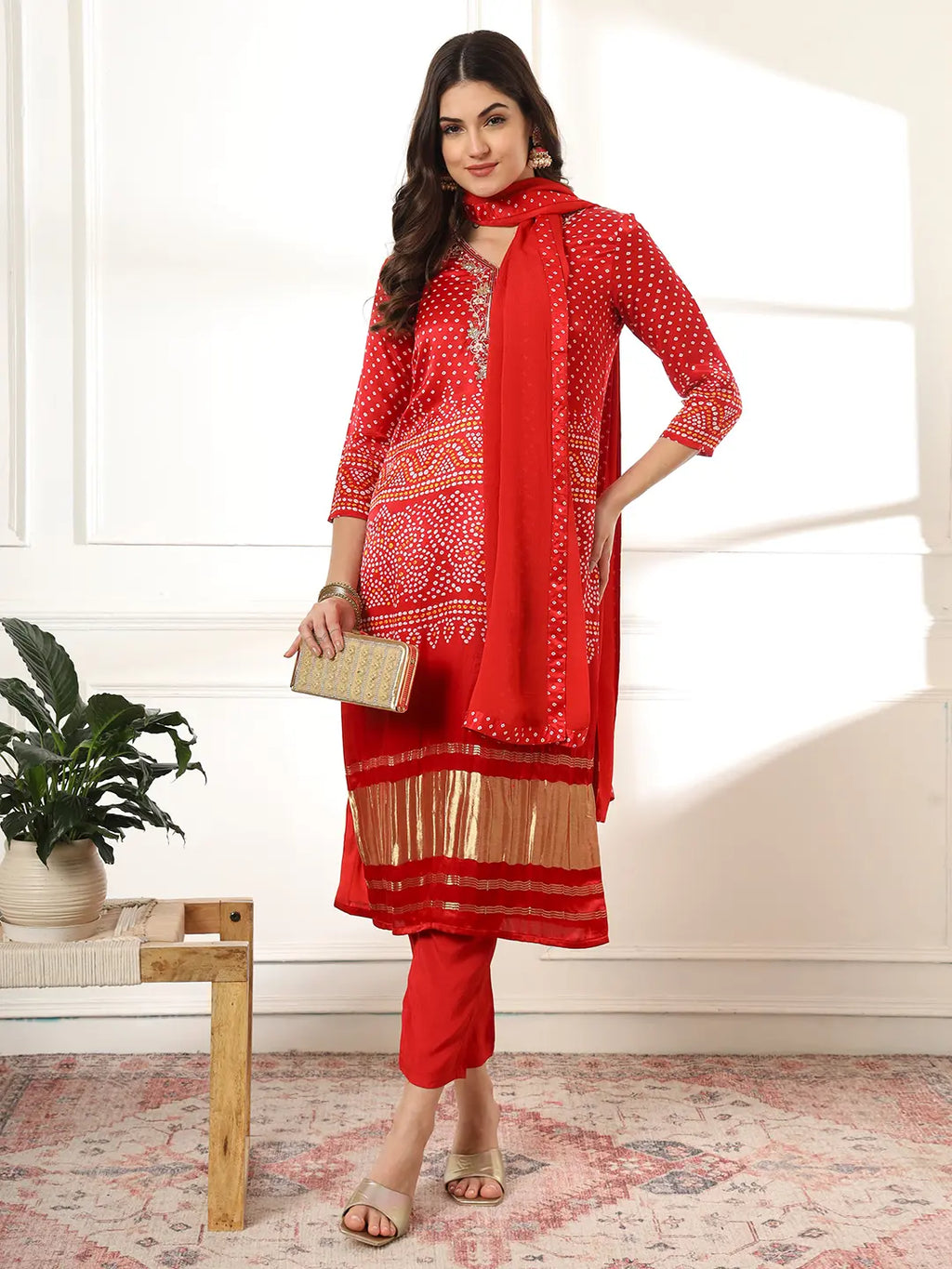 Yufta Red Gajji Silk Zari_Work Kurta Dupatta Pant Set