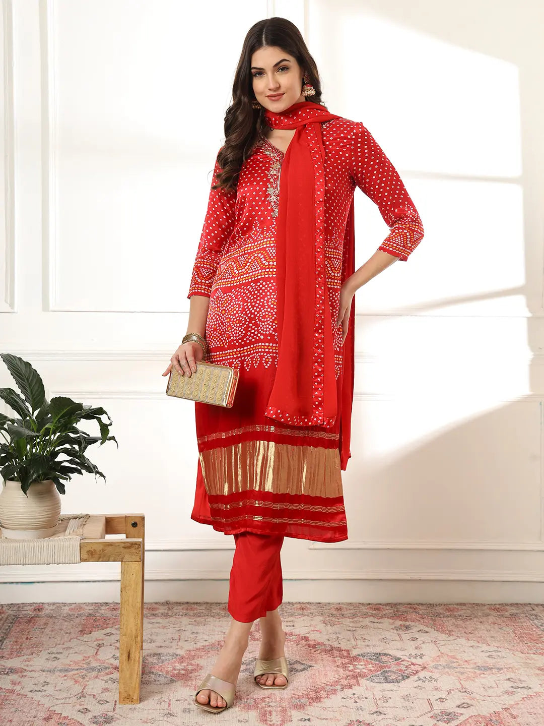 Yufta Red Gajji Silk Zari_Work Kurta Dupatta Pant Set