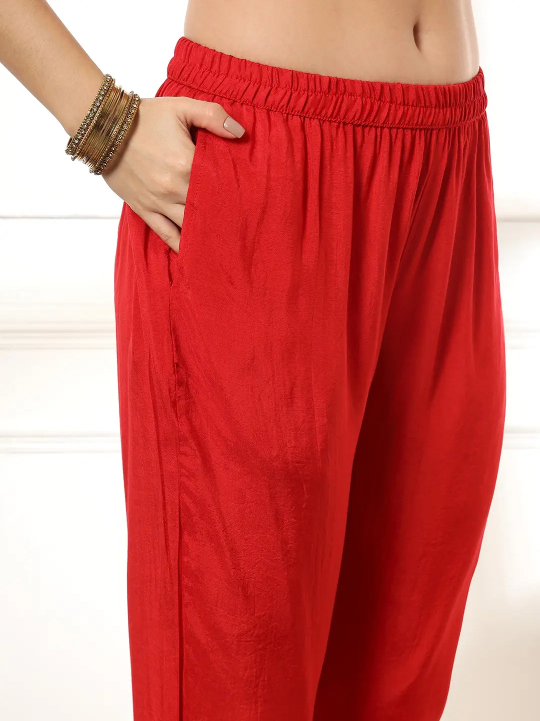 Yufta Red Gajji Silk Zari_Work Kurta Dupatta Pant Set