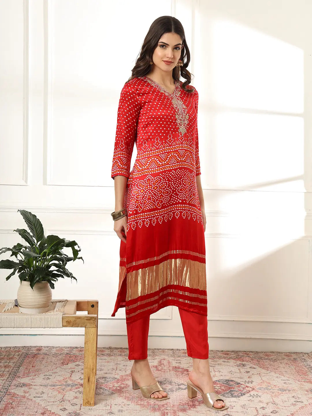 Yufta Red Gajji Silk Zari_Work Kurta Dupatta Pant Set