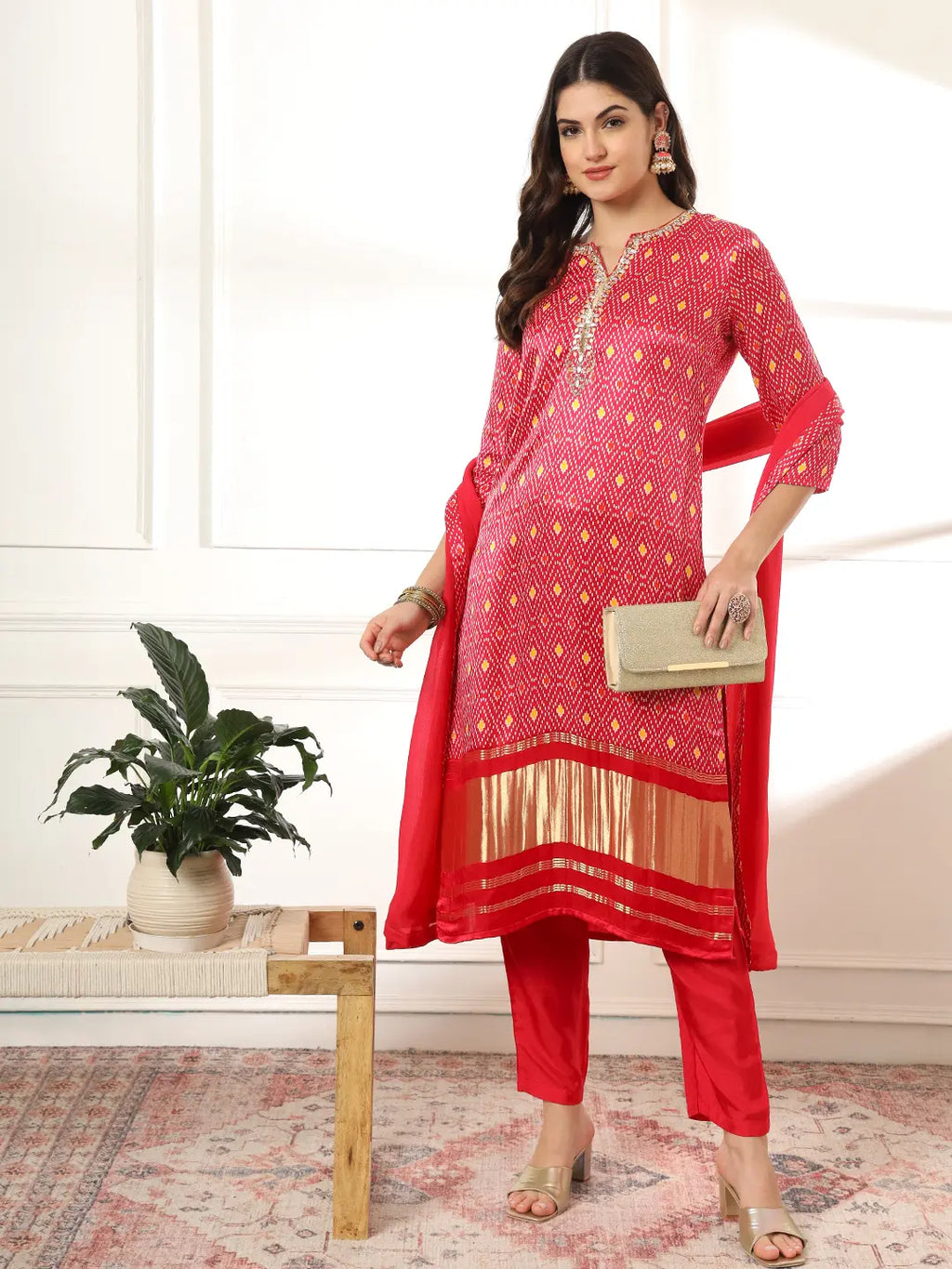Yufta Pink Gajji Silk Zari_Work Kurta with Trousers with dupatta Set