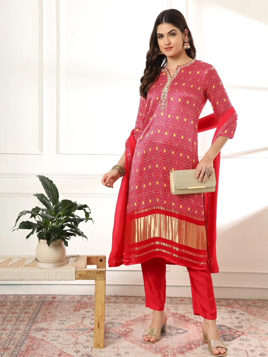 Yufta Pink Gajji Silk Zari_Work Kurta with Trousers with dupatta Set