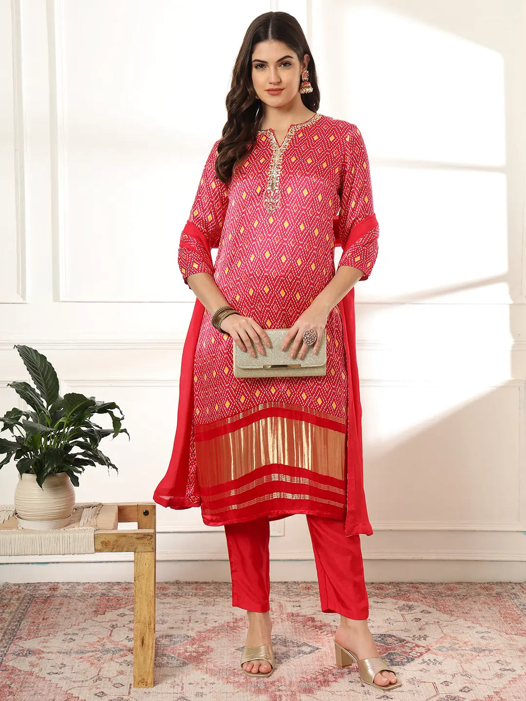 Yufta Pink Gajji Silk Zari_Work Kurta with Trousers with dupatta Set