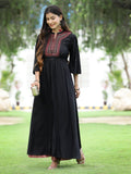 Juniper Women's Black Rayon Embroidered & Printed High-Slit Kurta Sets