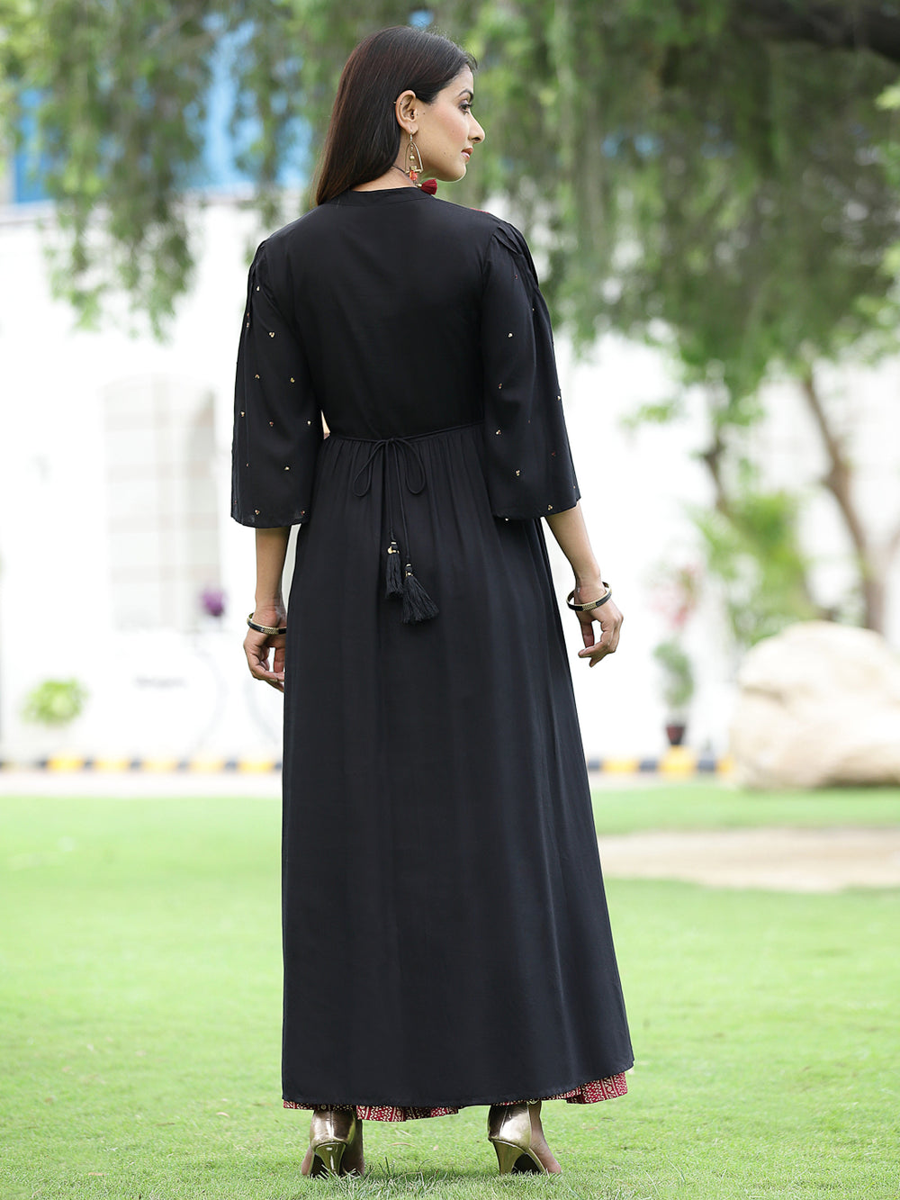 Juniper Women's Black Rayon Embroidered & Printed High-Slit Kurta Sets