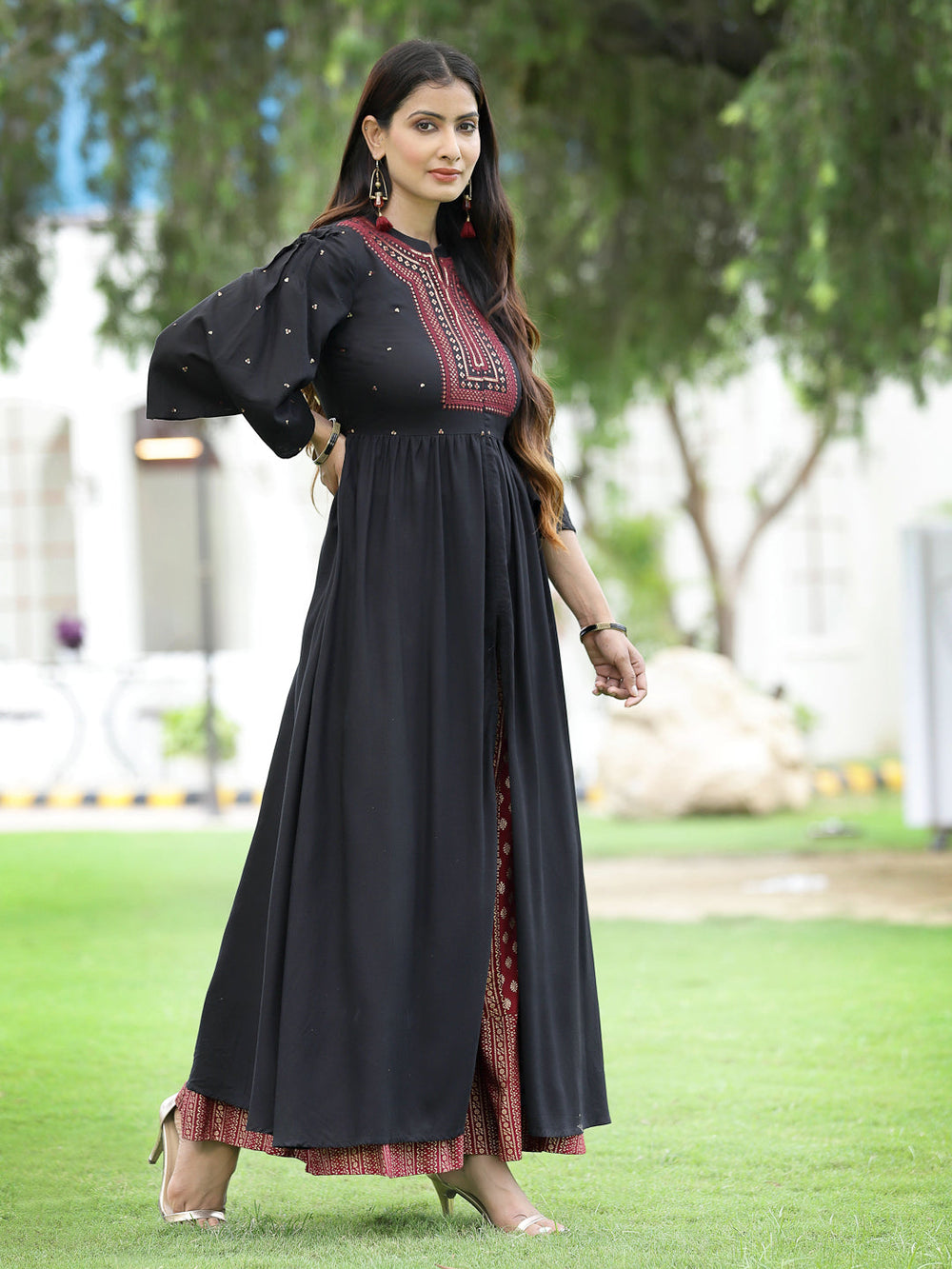 Juniper Women's Black Rayon Embroidered & Printed High-Slit Kurta Sets