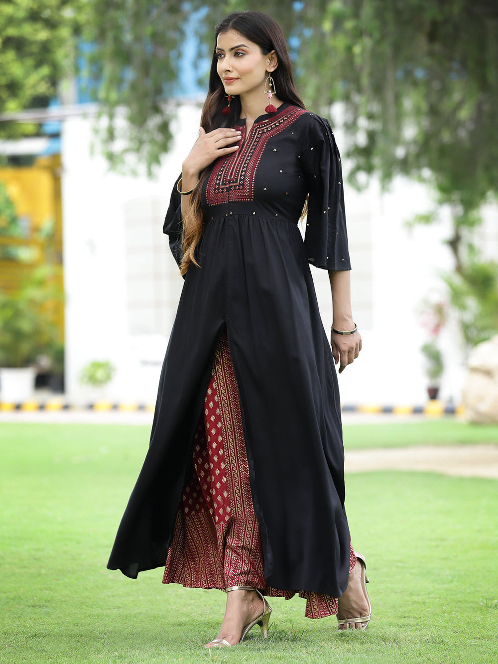 Juniper Women's Black Rayon Embroidered & Printed High-Slit Kurta Sets
