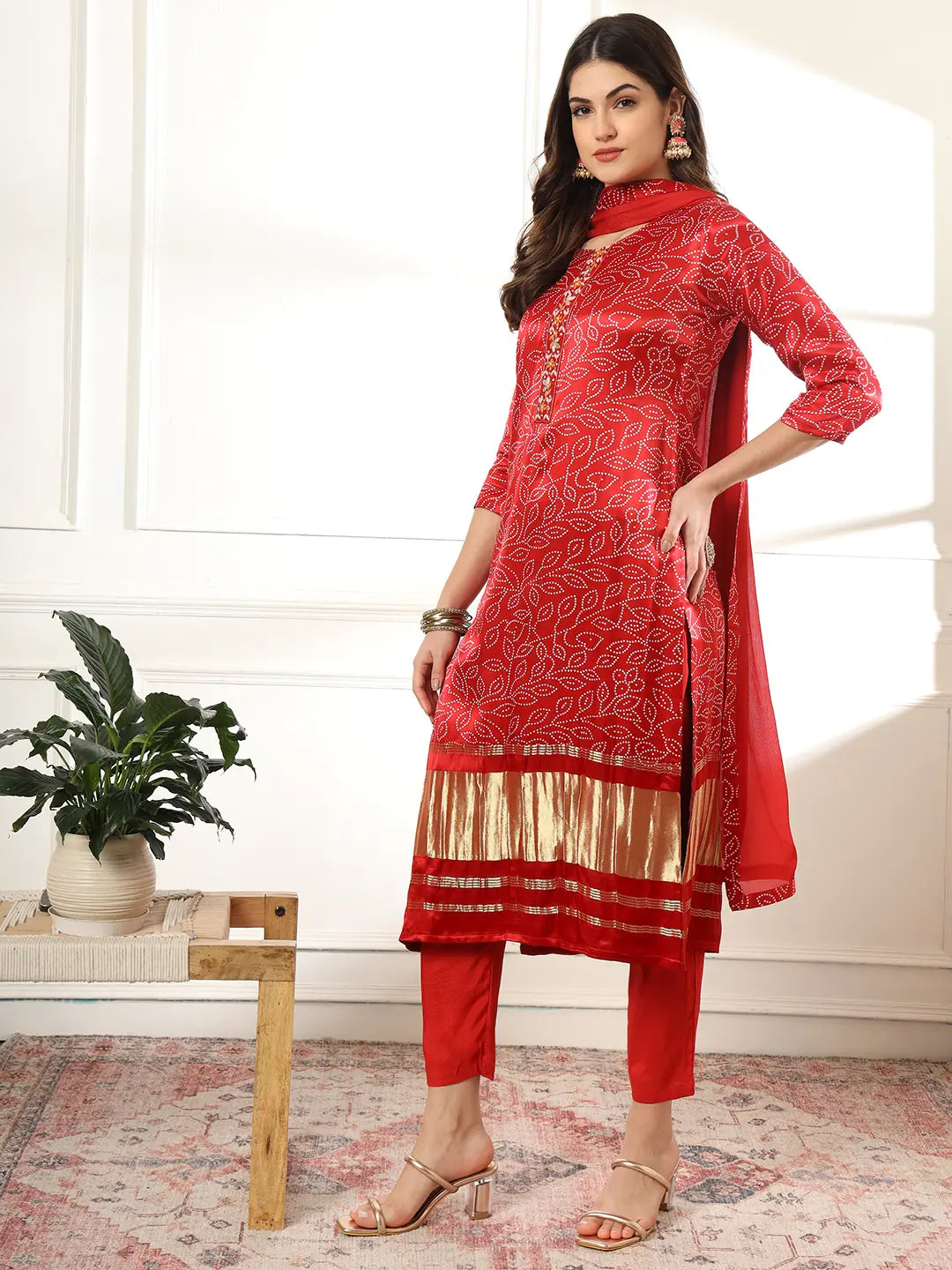 Yufta Maroon Gajji Silk Bandhani embroidered Kurta with Trousers with dupatta Set