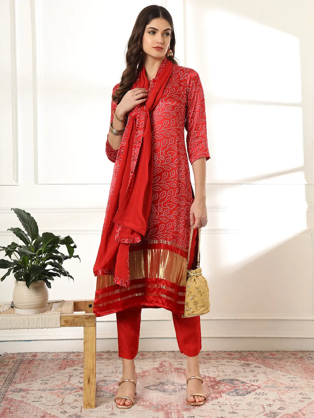 Yufta Maroon Gajji Silk Bandhani embroidered Kurta with Trousers with dupatta Set