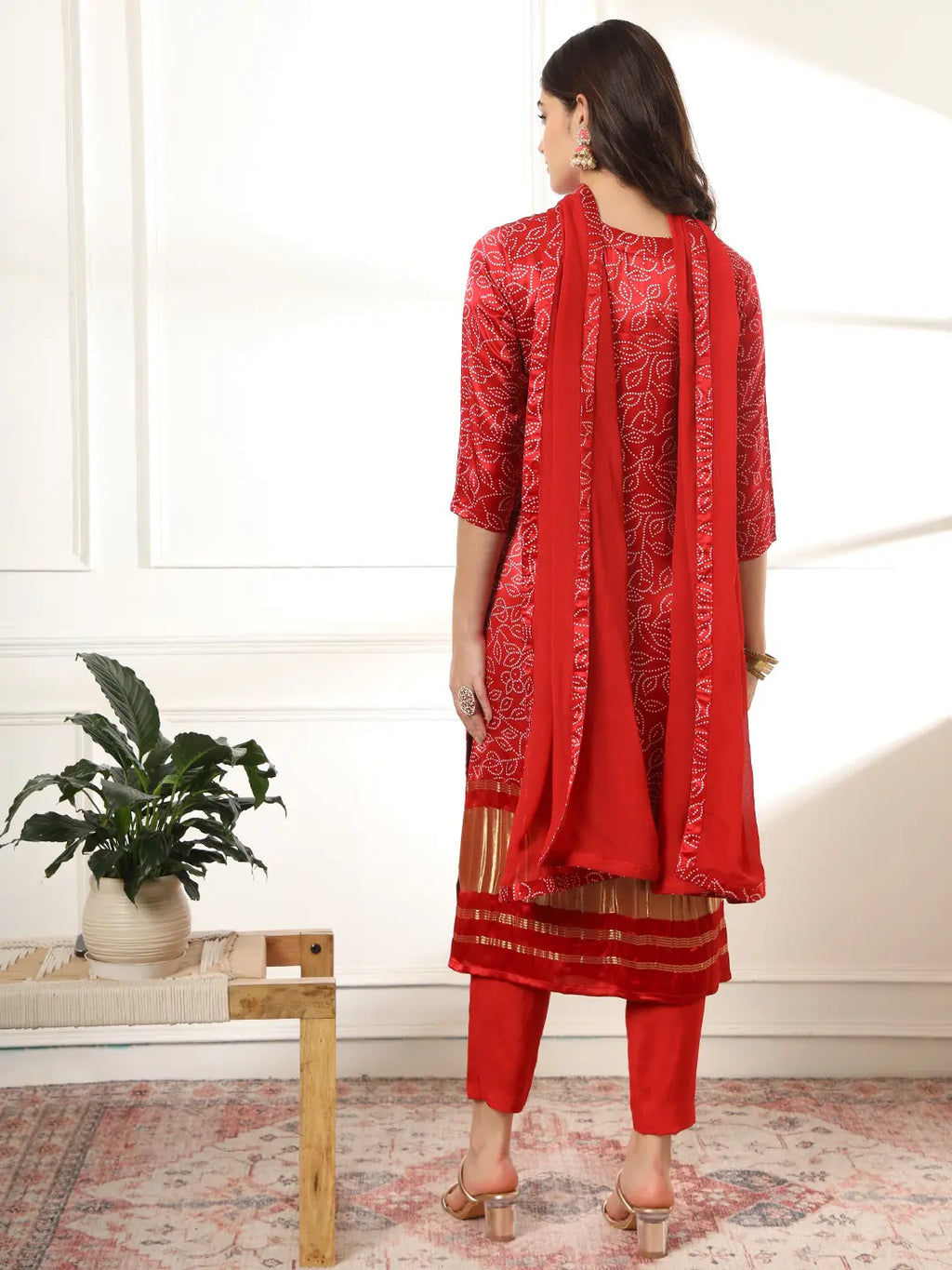 Yufta Maroon Gajji Silk Bandhani embroidered Kurta with Trousers with dupatta Set