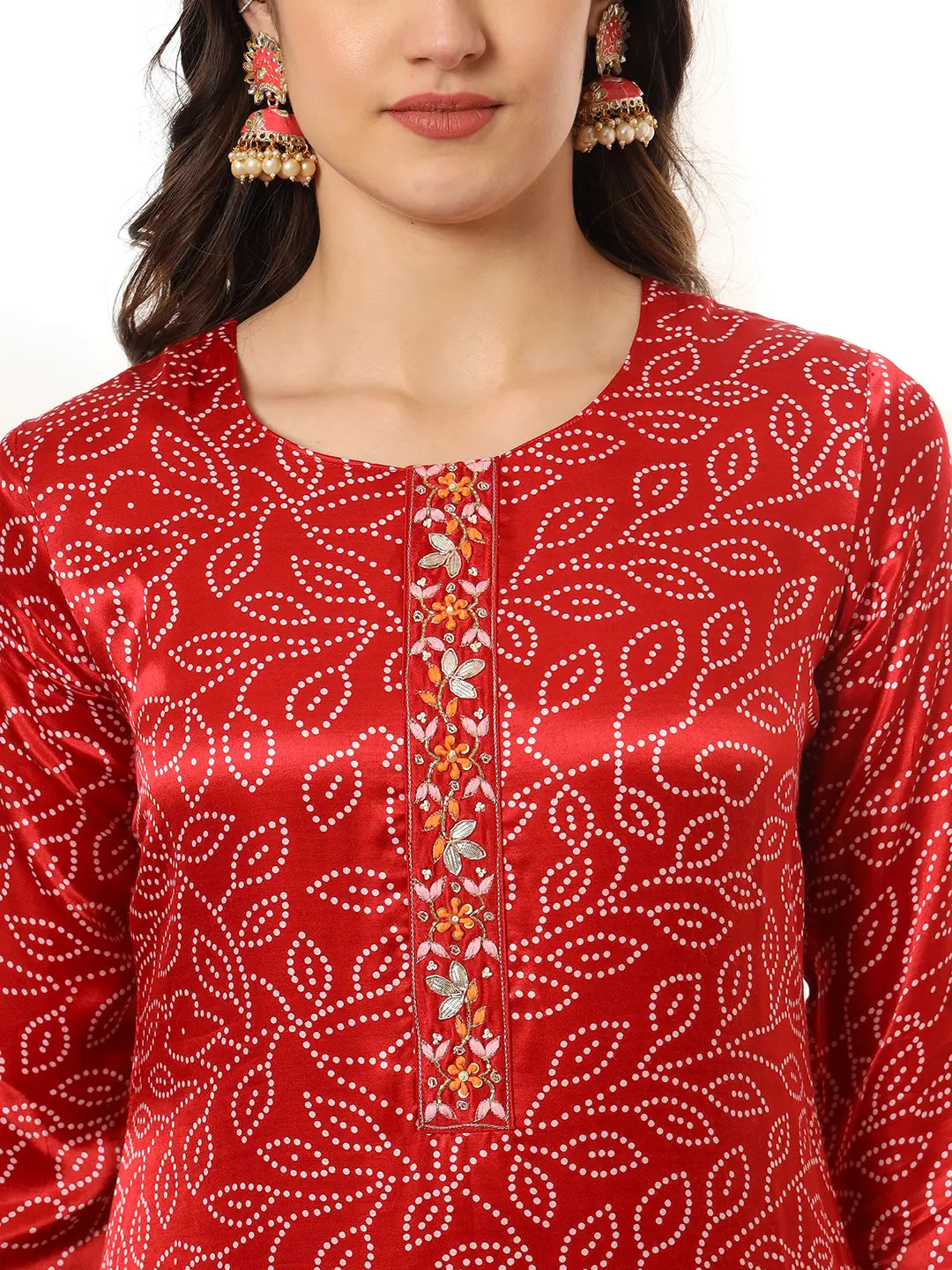 Yufta Maroon Gajji Silk Bandhani embroidered Kurta with Trousers with dupatta Set