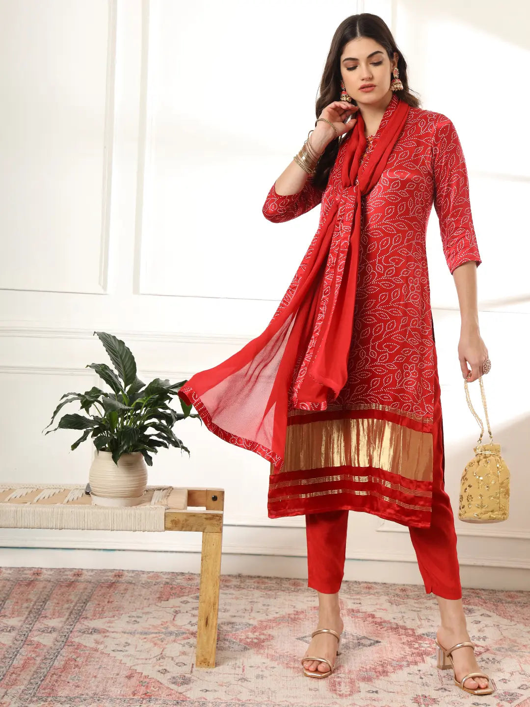 Yufta Maroon Gajji Silk Bandhani embroidered Kurta with Trousers with dupatta Set