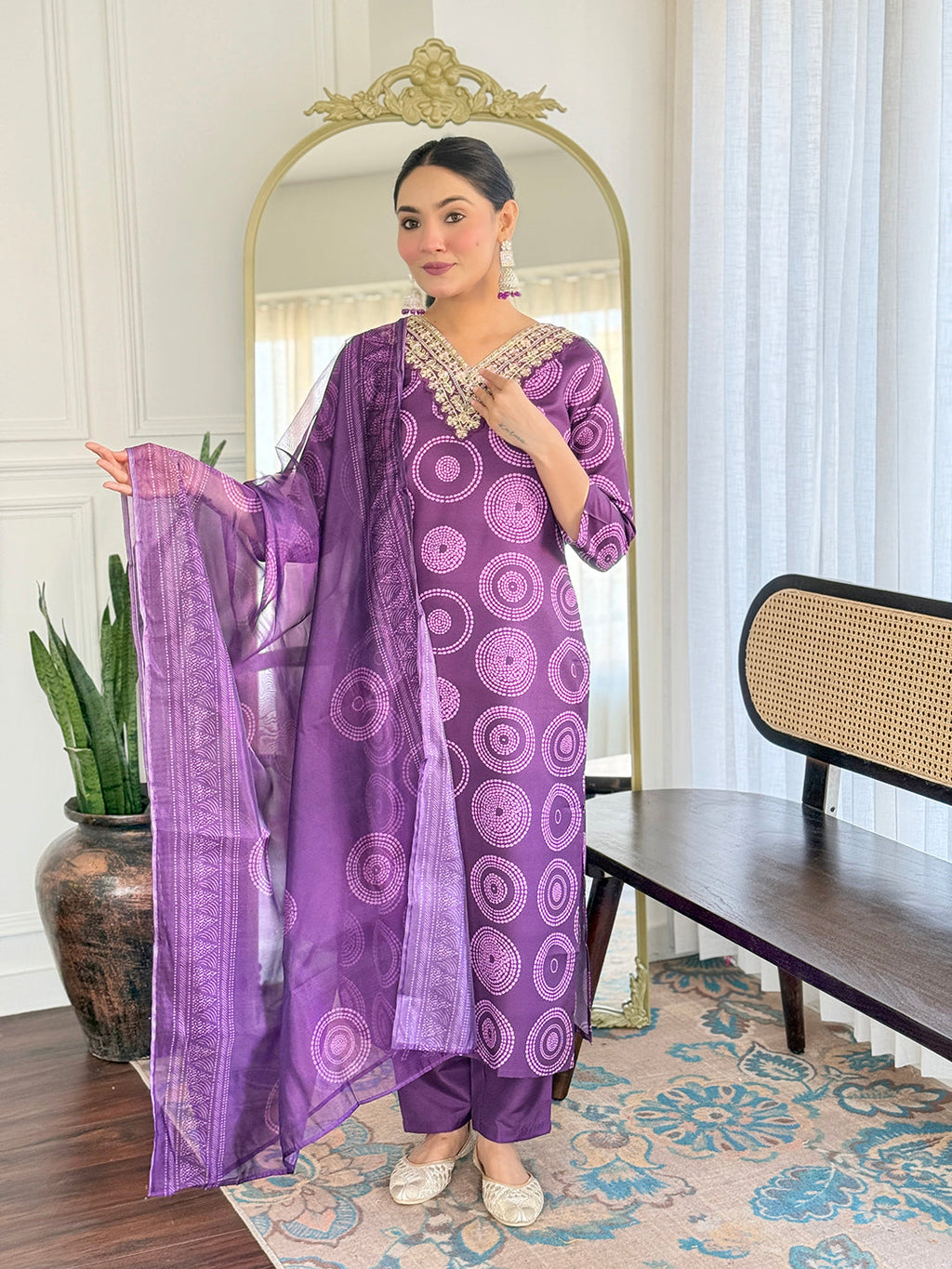 The52 Women's Gorgeous Rayon Embroidery Straight Kurta with Pant And Dupatta Set