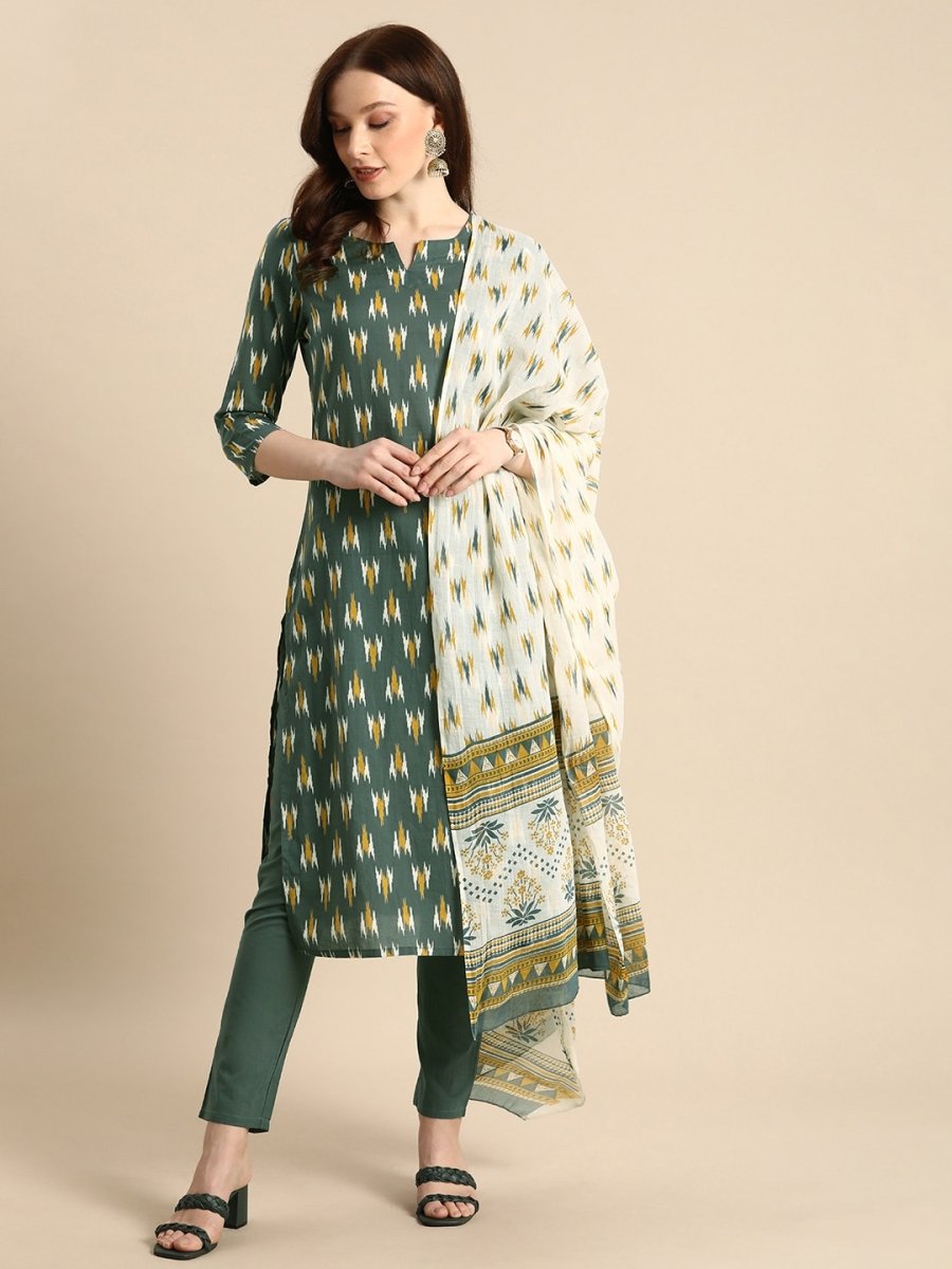 All About You Women Grey Ikat Printed Pure Cotton Kurta with Trousers & Dupatta
