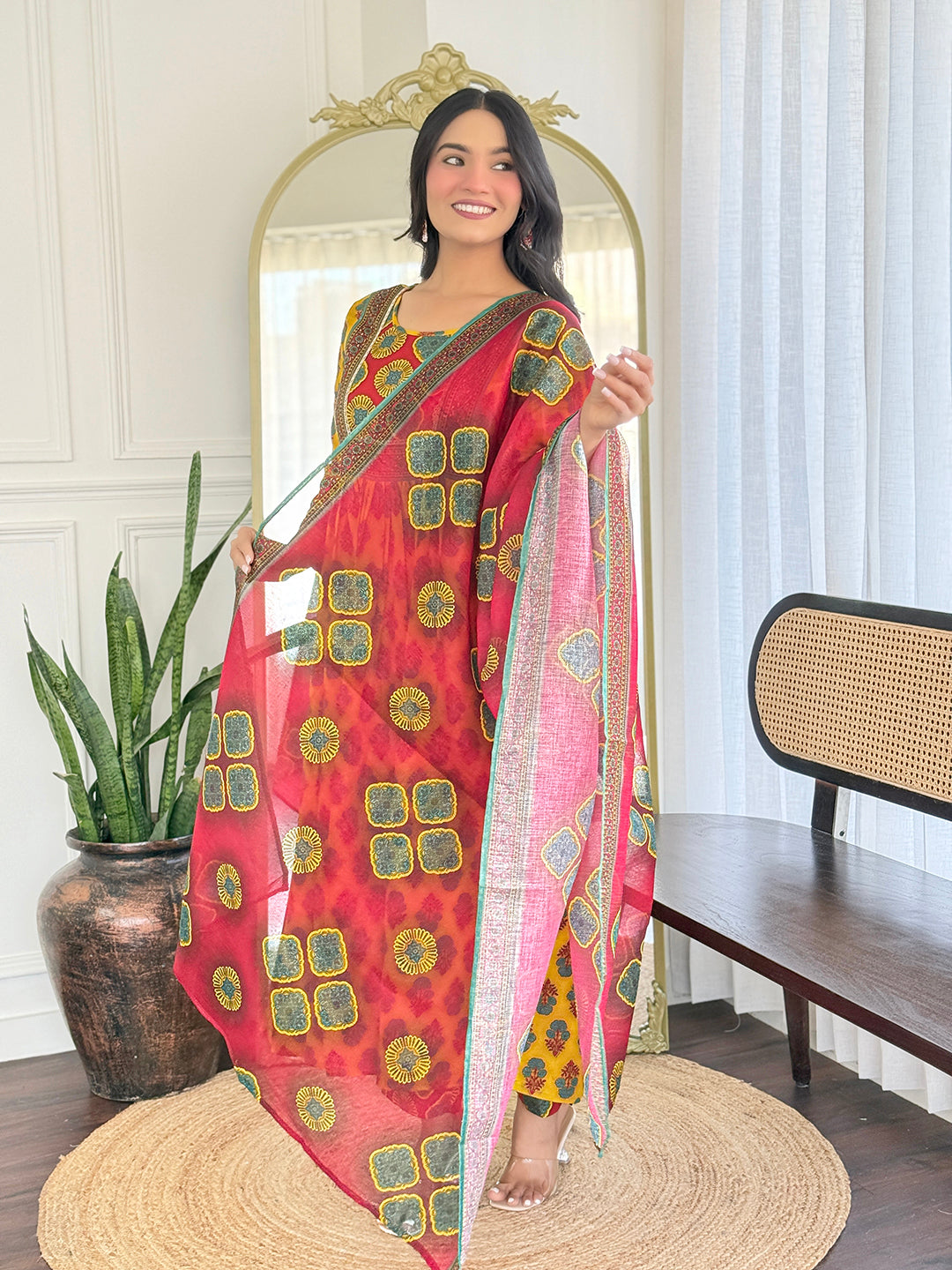 The52 Women's Gorgeous Rayon Printed Flared Kurta with Pant And Dupatta Set