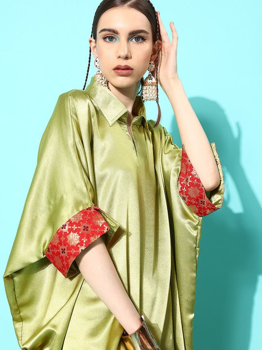 InWeave Women's Olive Red Brocade Satin Boho Kurta Palazzo Set