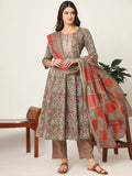Yufta Pink And Gray Cotton Dori_Embroidery Anarkali Kurta Dupatta Pant Set