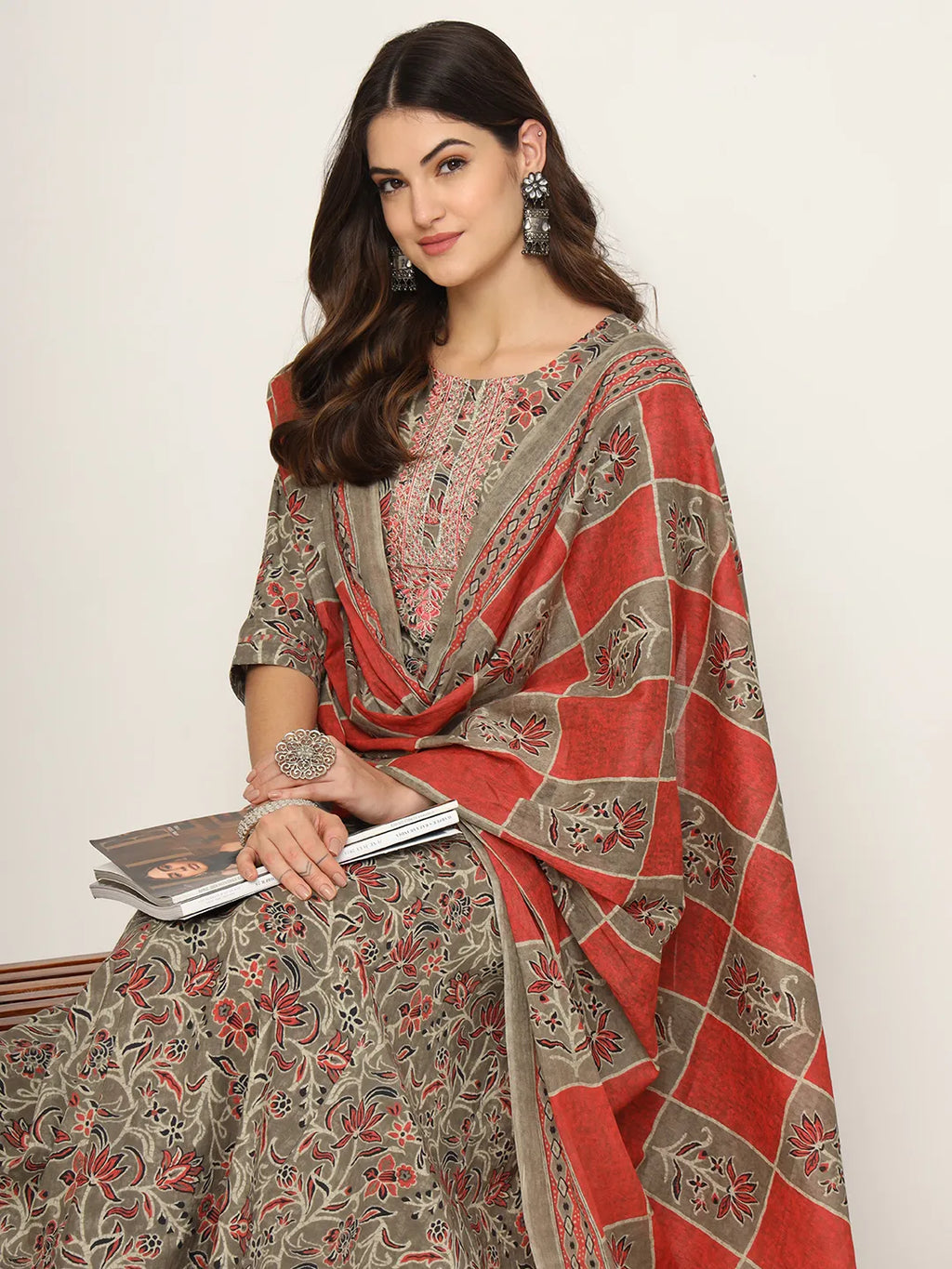 Yufta Pink And Gray Cotton Dori_Embroidery Anarkali Kurta Dupatta Pant Set