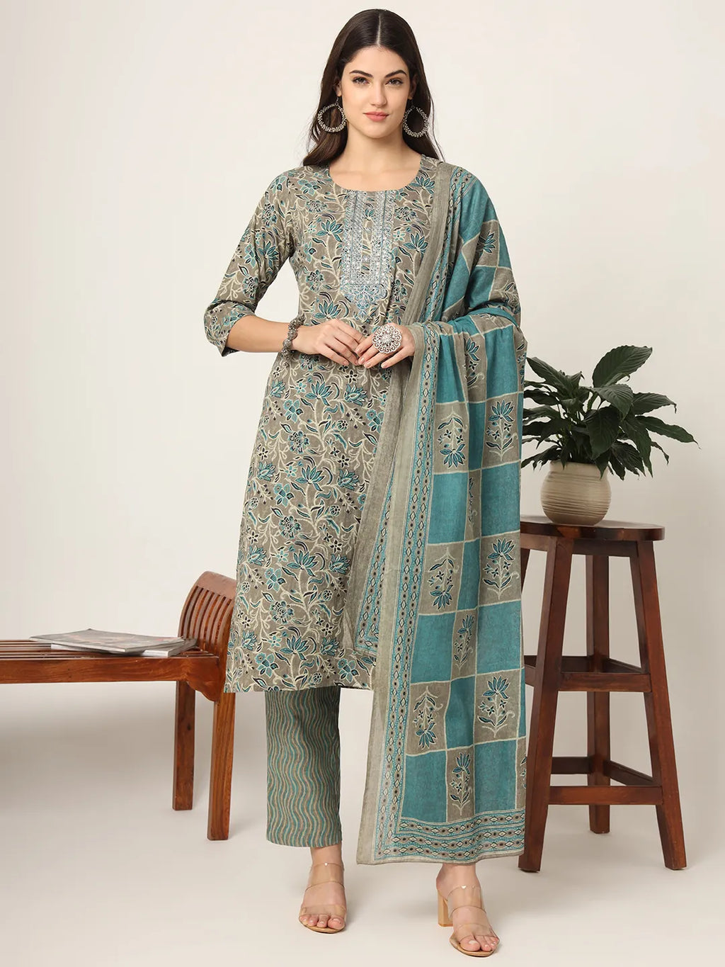 Yufta Cotton Teal Blue And Grey Cotton Dori_Embroidery Kurta Dupatta Pant Set