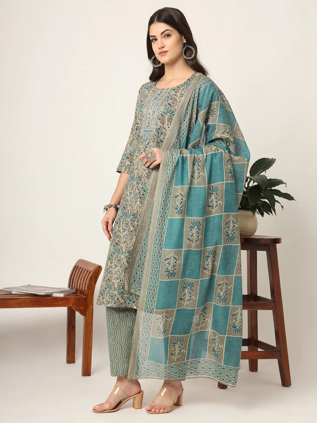 Yufta Cotton Teal Blue And Grey Cotton Dori_Embroidery Kurta Dupatta Pant Set