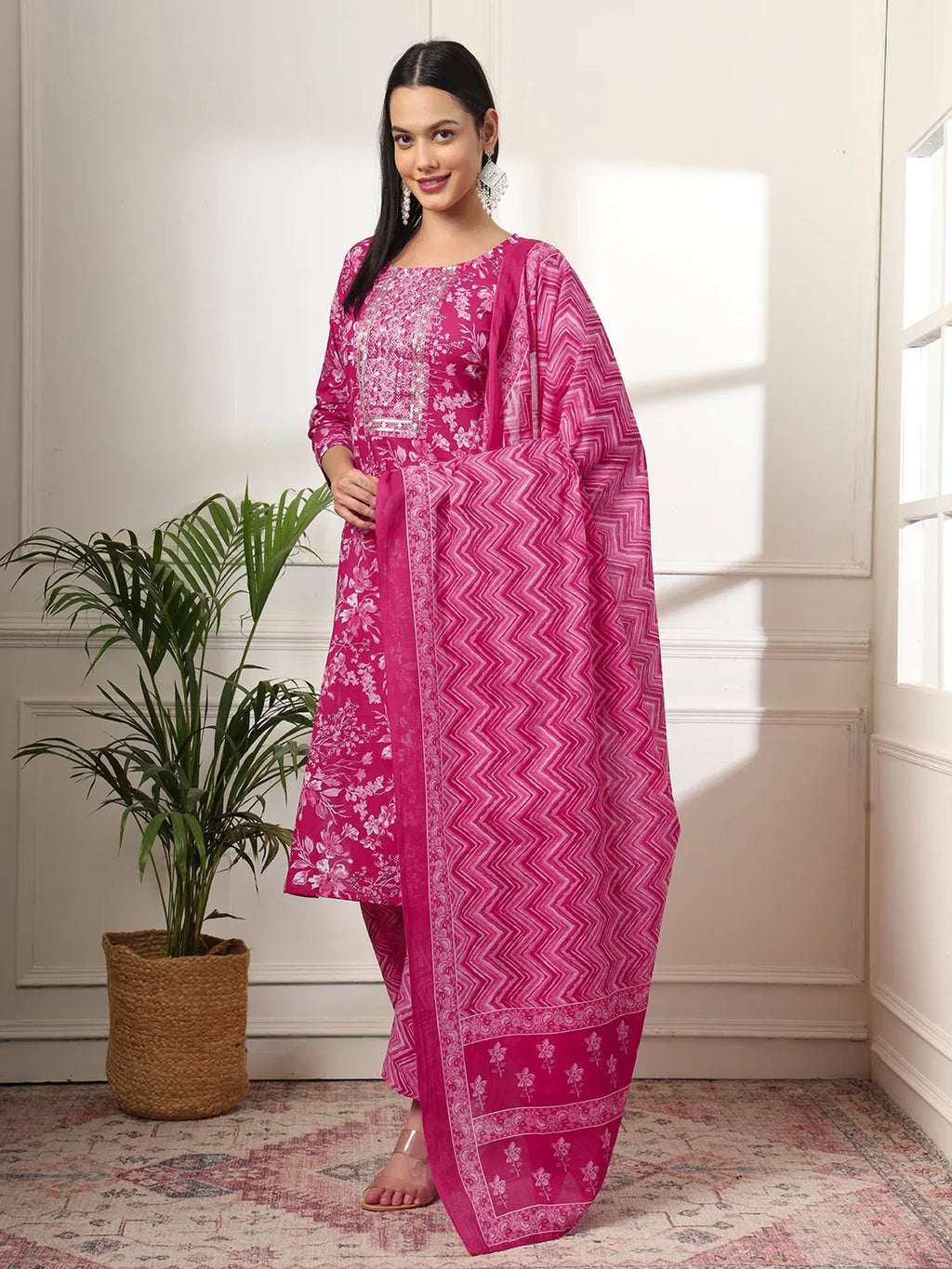 Yufta Pink Pure Cotton Floral Print Embroidered Kurta Dupatta Pant Set