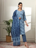Yufta Cotton Blue Kurta Dupatta Pant Set