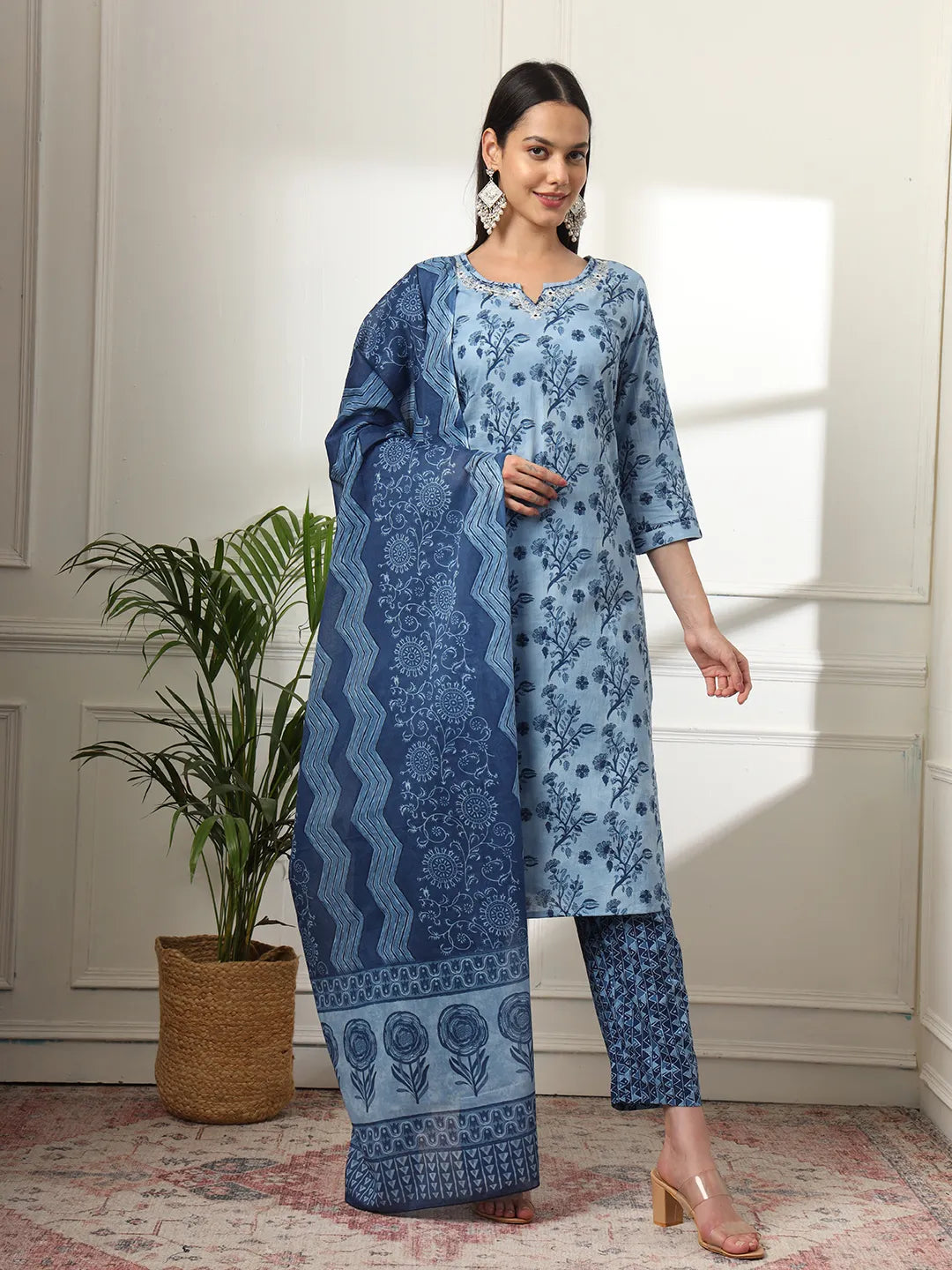 Yufta Cotton Blue Kurta Dupatta Pant Set