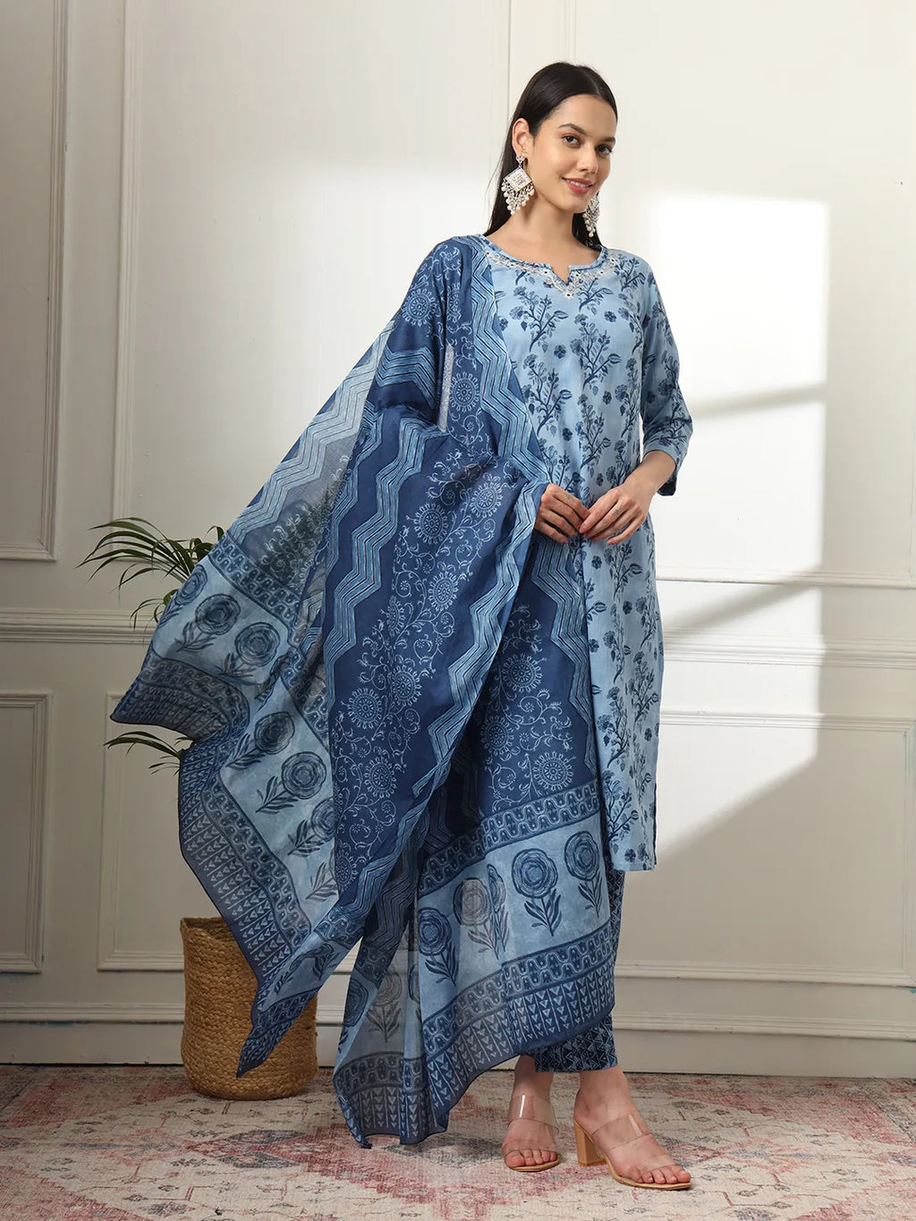 Yufta Cotton Blue Kurta Dupatta Pant Set