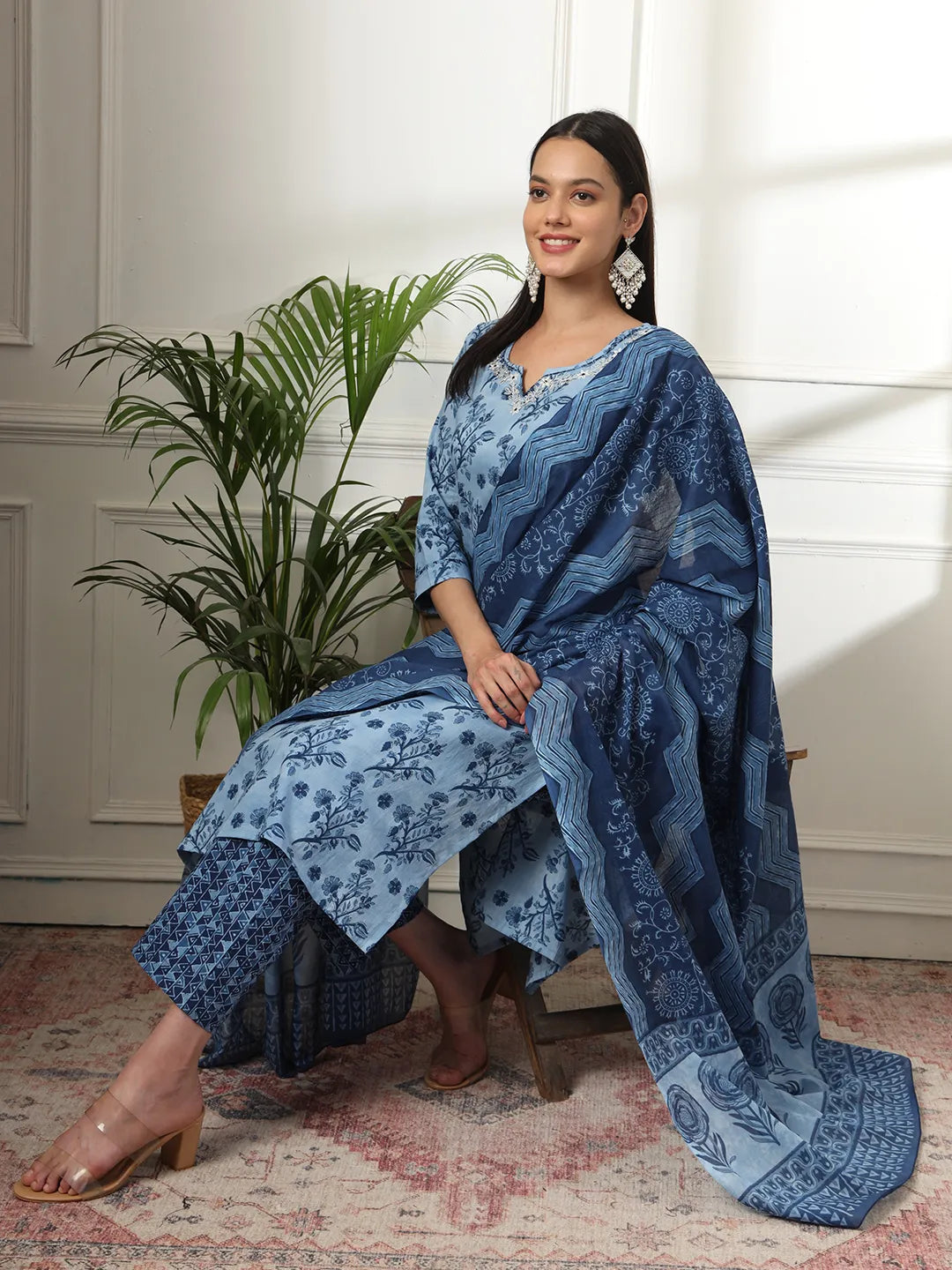 Yufta Cotton Blue Kurta Dupatta Pant Set