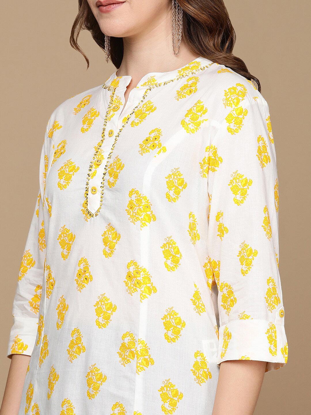 HERE&NOW White & Yellow Floral Printed Sequined Pure Cotton Kurta