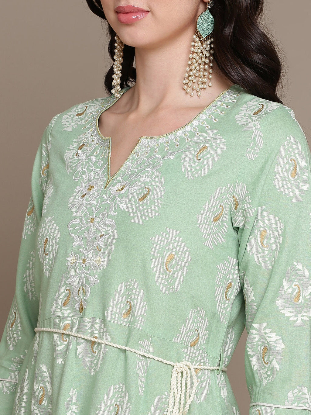 HERE&NOW Embroidered Ethnic Motif Printed Notched Neck A-Line Kurta