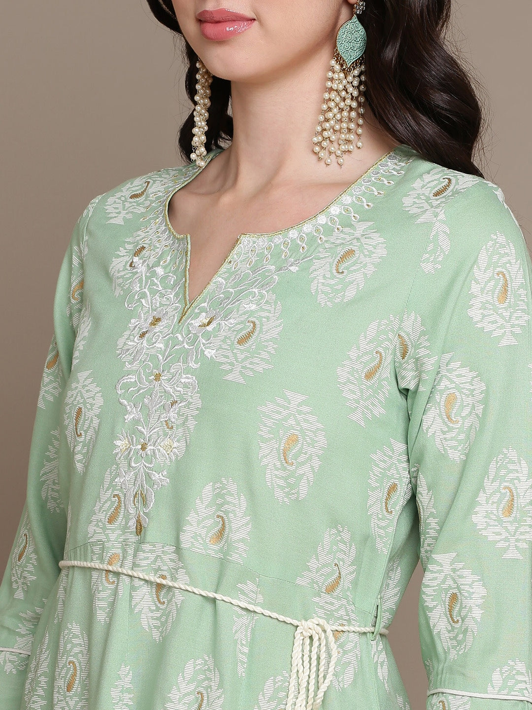 HERE&NOW Embroidered Ethnic Motif Printed Notched Neck A-Line Kurta