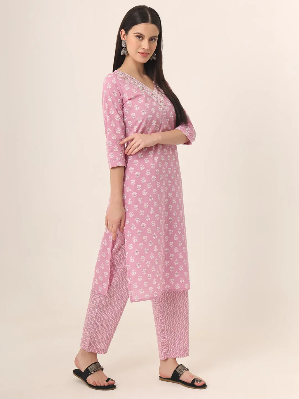 Yufta Pure Cotton Pink Kurta Dupatta Pant Set
