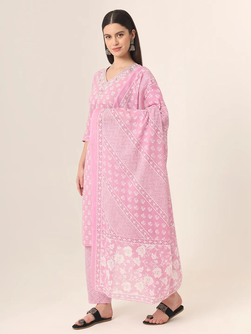 Yufta Pure Cotton Pink Kurta Dupatta Pant Set