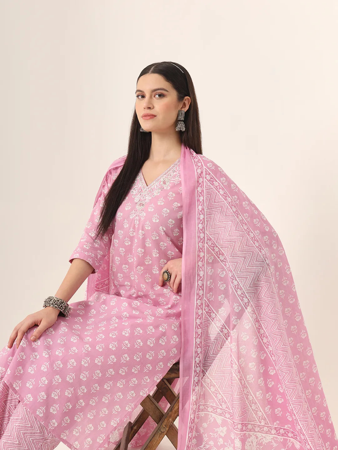 Yufta Pure Cotton Pink Kurta Dupatta Pant Set