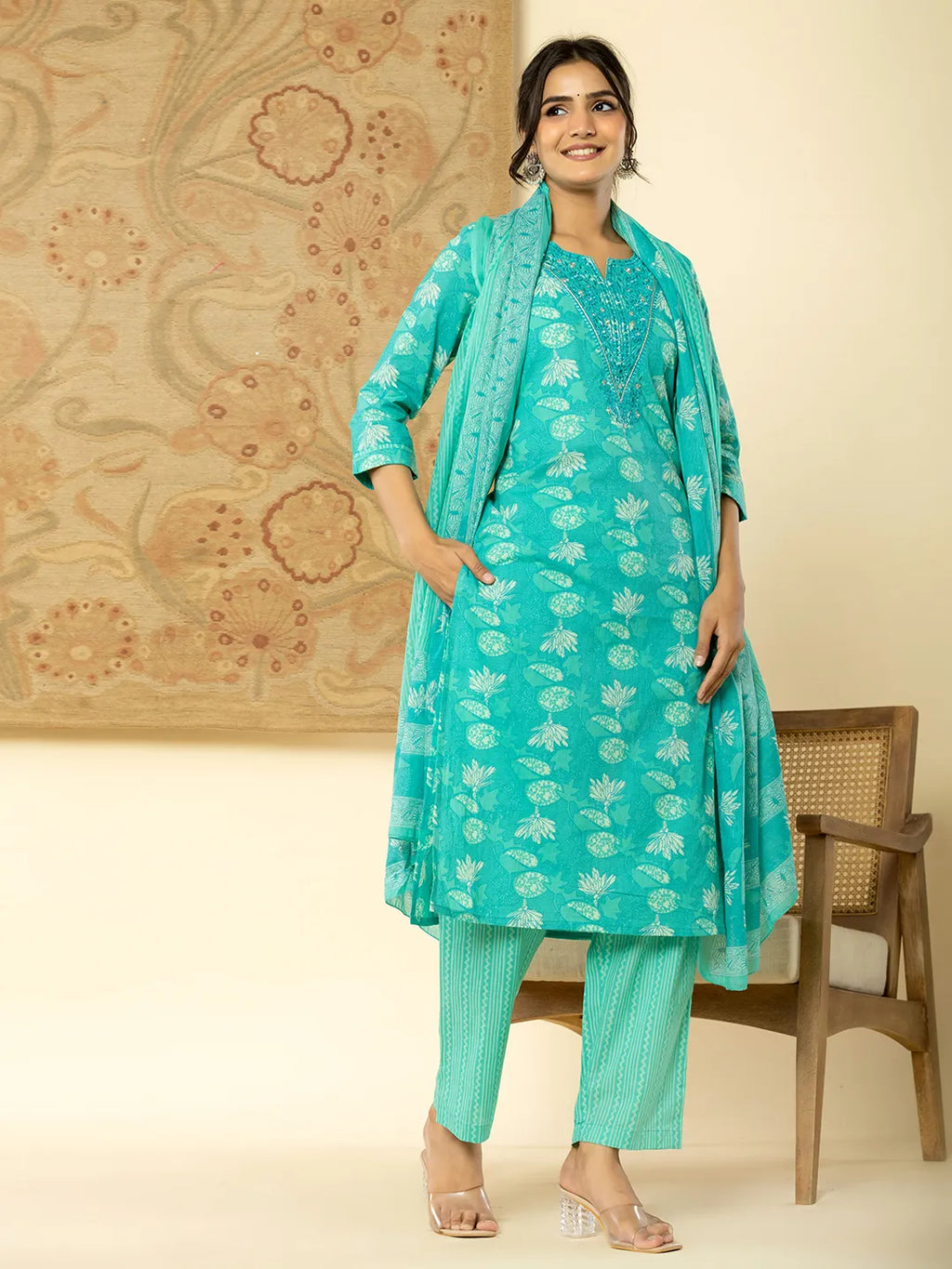 Yufta Pure Cotton Turquoise Blue Floral Embroidery Kurta Dupatta Pant Set