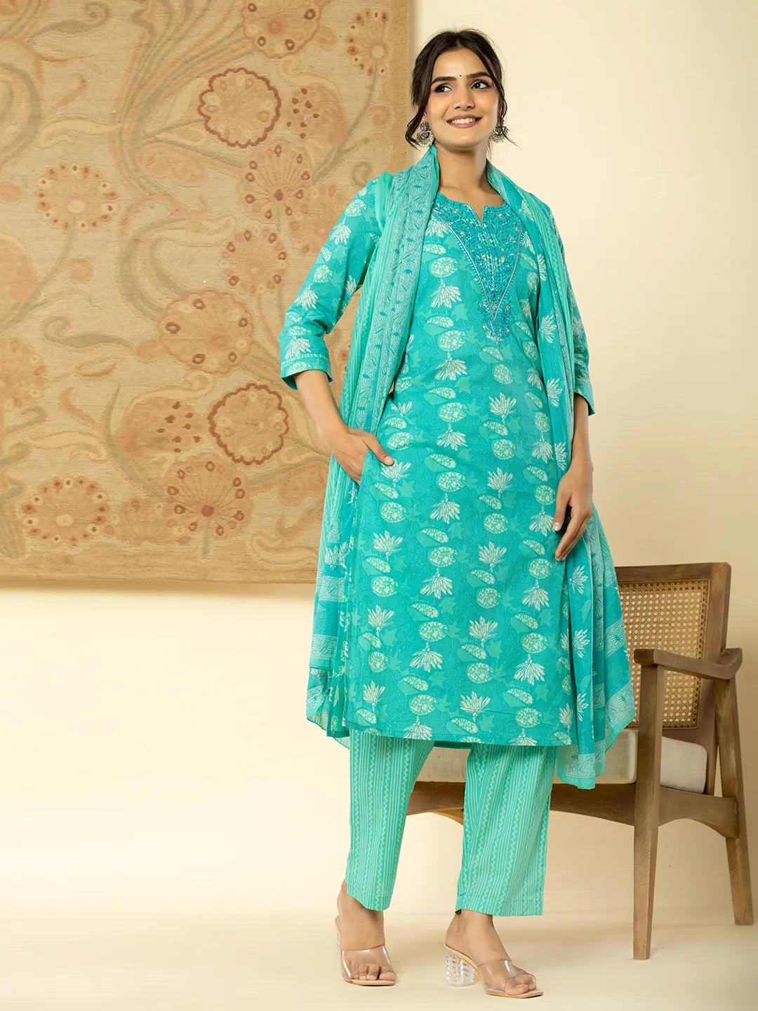 Yufta Pure Cotton Turquoise Blue Floral Embroidery Kurta Dupatta Pant Set
