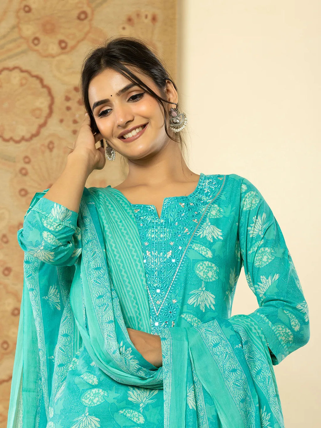 Yufta Pure Cotton Turquoise Blue Floral Embroidery Kurta Dupatta Pant Set