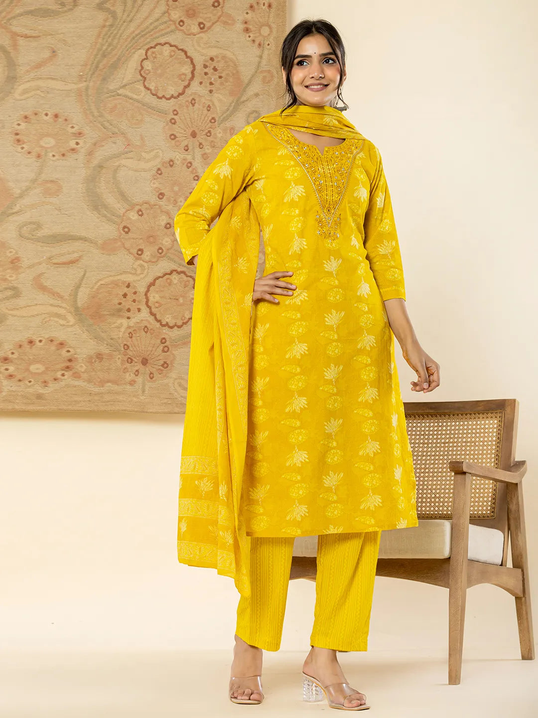 Yufta Cotton Mustard Floral Embroidery Mirror Work Kurta Dupatta Pant Set