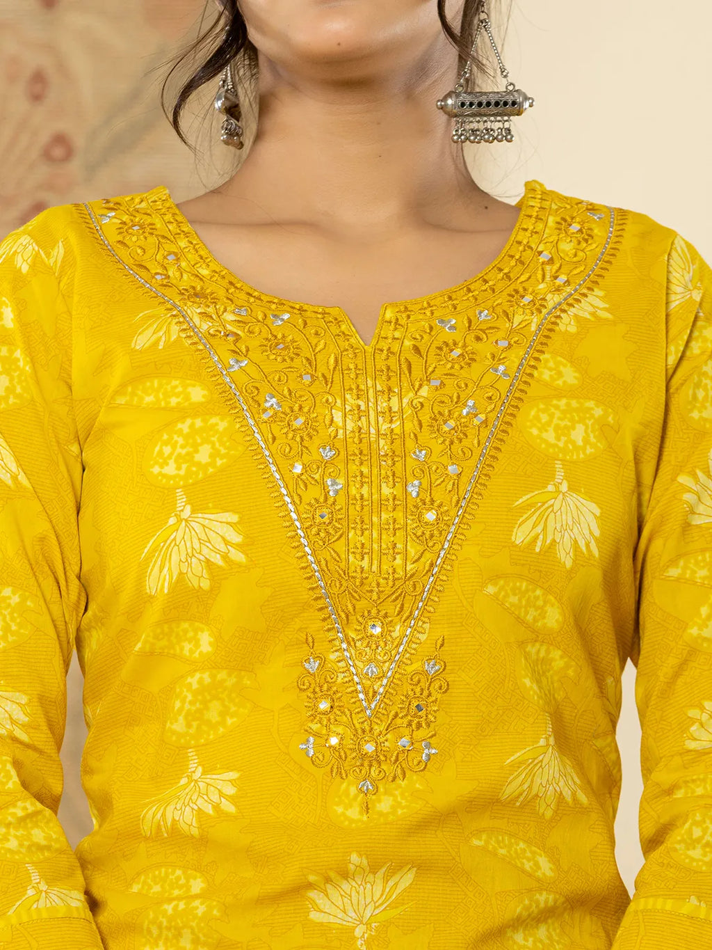 Yufta Cotton Mustard Floral Embroidery Mirror Work Kurta Dupatta Pant Set